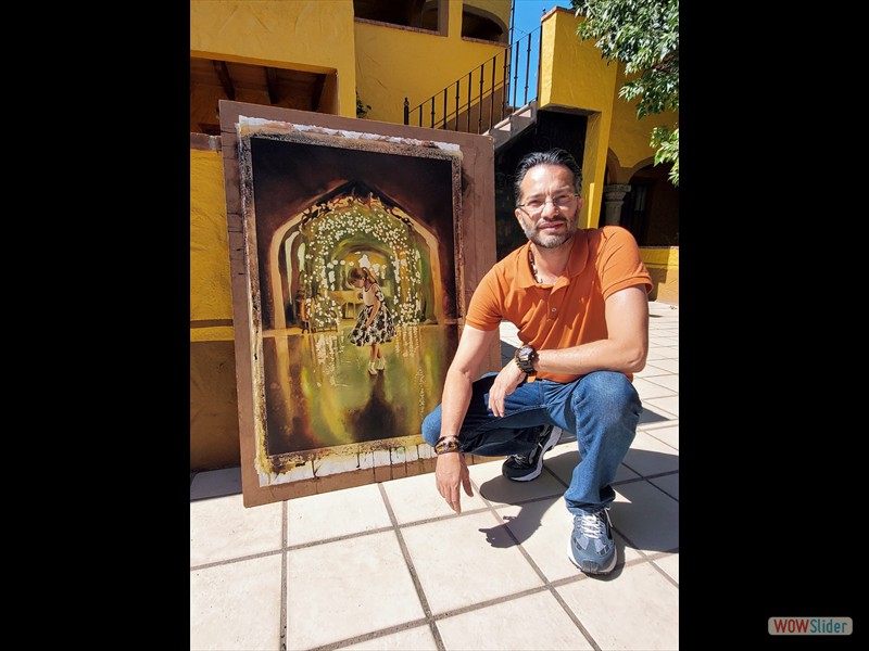 Watercolor Artist, Alex, with painting of Addy